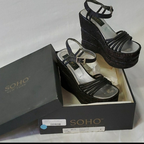 LN Vintage Black Cork w/ Glitter Piping Platforms - Picture 12 of 12